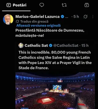 Captură de ecran a unei postări pe platforma X care conține un text în limba română și un mesaj în limba engleză cu o fotografie de stadion.