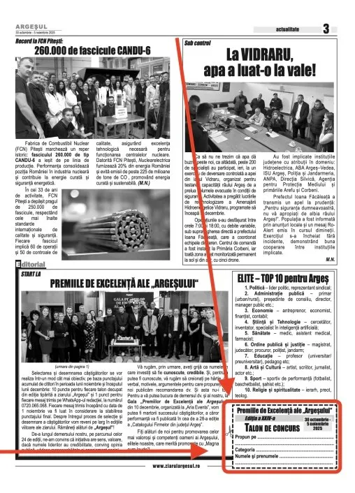 Pagina unui ziar prezintă mai multe fotografii cu grupuri de oameni, texte și un anunț despre un concurs de vot într-un chenar grafic.