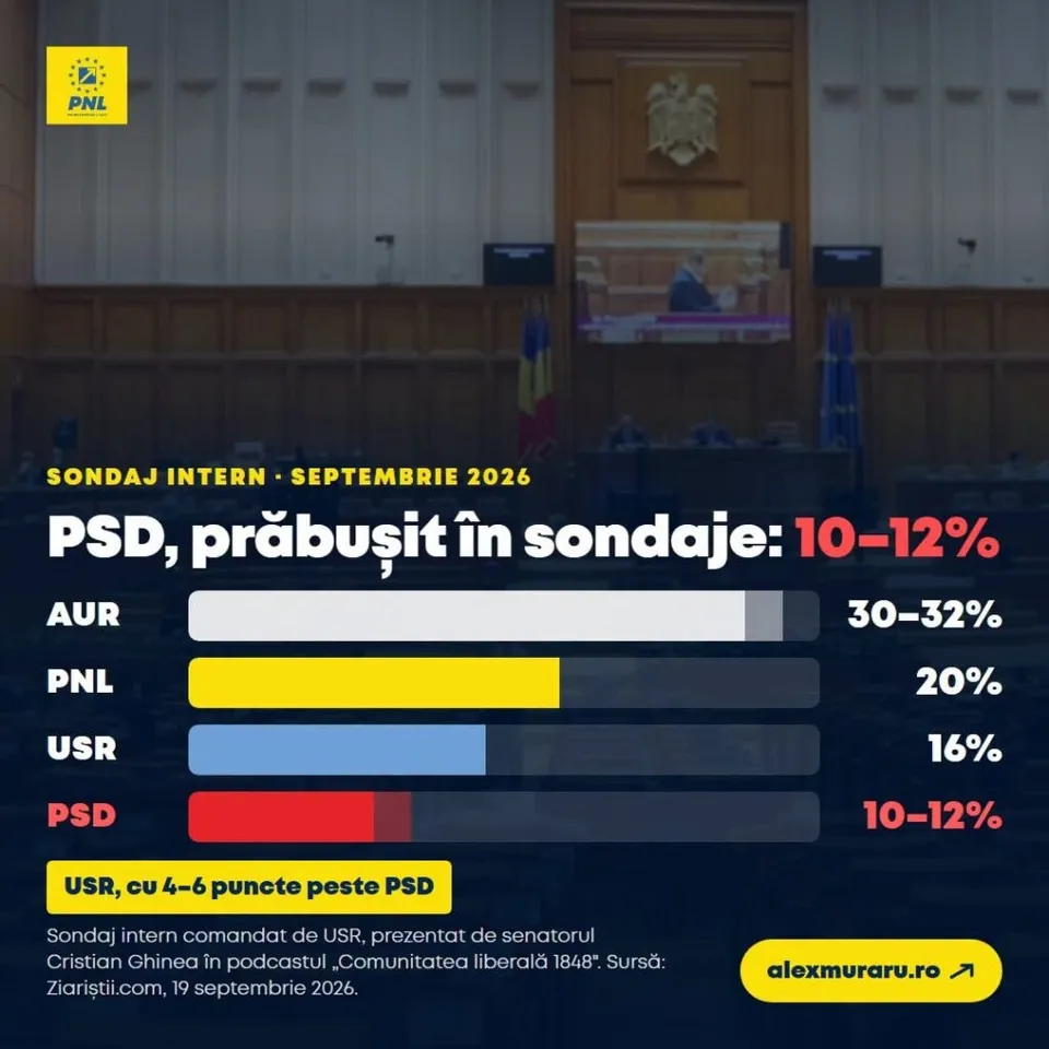 Un grafic pe fundal închis prezintă rezultatele unui sondaj cu bare colorate pentru partidele AUR, PNL, USR și PSD pe un fundal de birou.