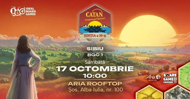 O ilustrație cu un peisaj natural sub un apus de soare, în care apare o femeie cu rochie lungă privind spre dealuri și un corp de apă.