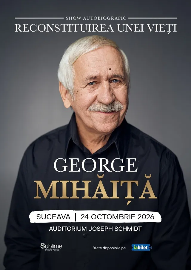 Un bărbat cu părul alb și mustață gri poartă o cămașă neagră pe un fundal gri în fața unui text informativ.