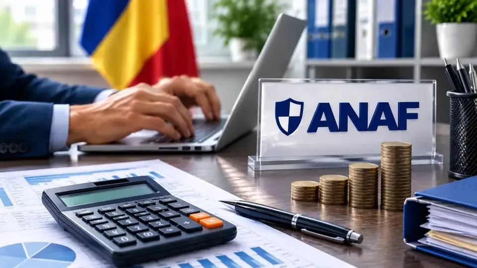 Mâinile unui bărbat în costum tastând pe un laptop, lângă un calculator, un stilou, monede și un semn cu logo-ul ANAF pe birou.