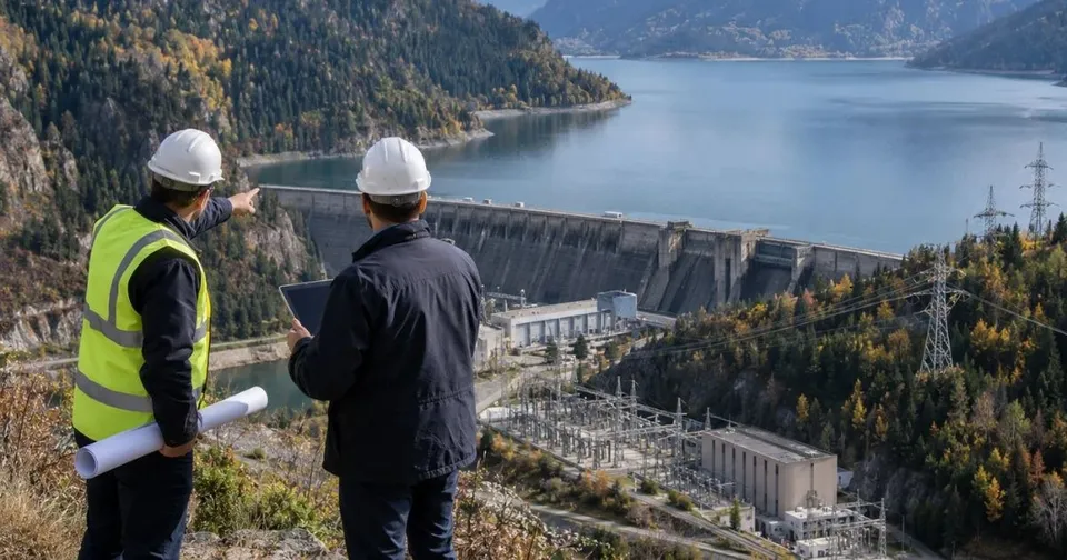 Doi bărbați purtând căști albe și vestă reflectorizantă privesc spre un baraj și o centrală electrică situată într-un peisaj montan cu lac.