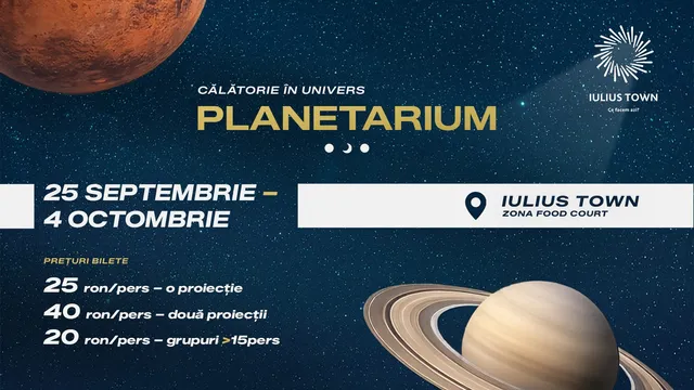 Un afiș albastru închis prezintă textul despre planetariu, prețurile biletelor și ilustrații cu o planetă maro și o planetă cu inele pe un fundal stelat.