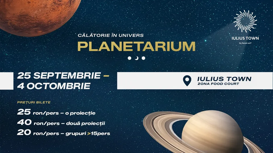 Un afiș albastru închis prezintă textul despre planetariu, prețurile biletelor și ilustrații cu o planetă maro și o planetă cu inele pe un fundal stelat.