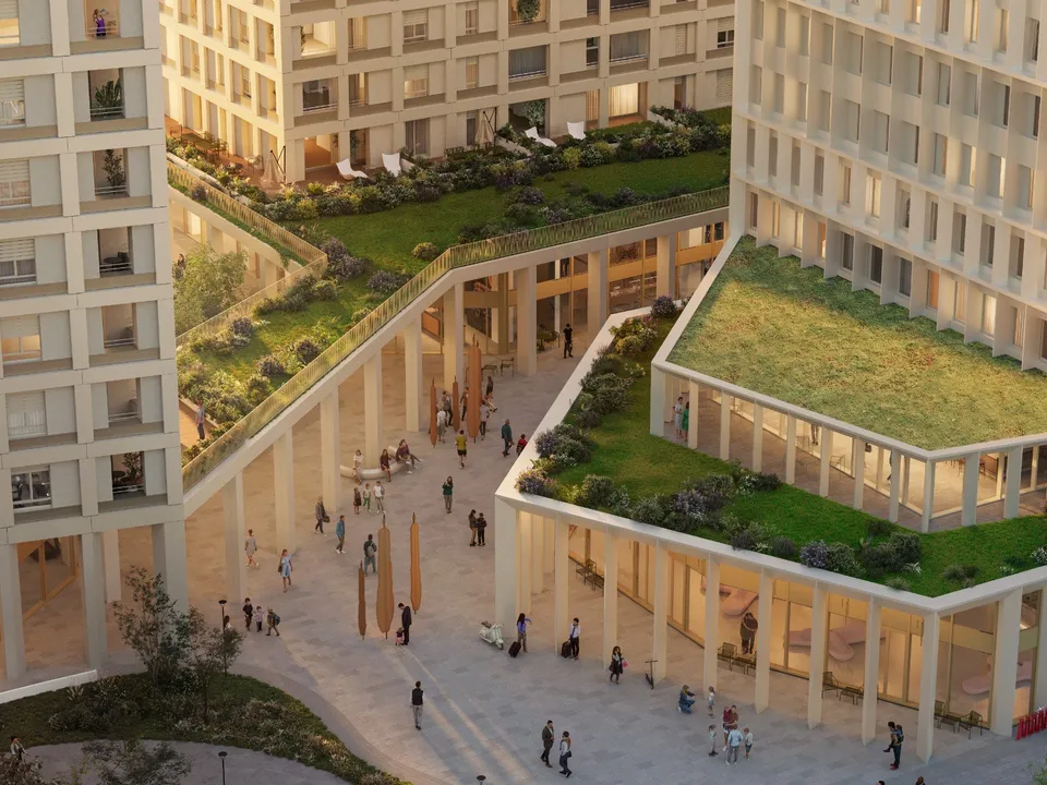 O reprezentare digitală a unui complex rezidențial modern cu terase verzi, coloane albe și persoane careเดิน pe o curte interioară pavată.