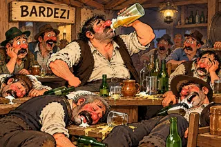 O ilustrație cu mai mulți bărbați care beau bere și stau la o masă de lemn într-un decor rustic.