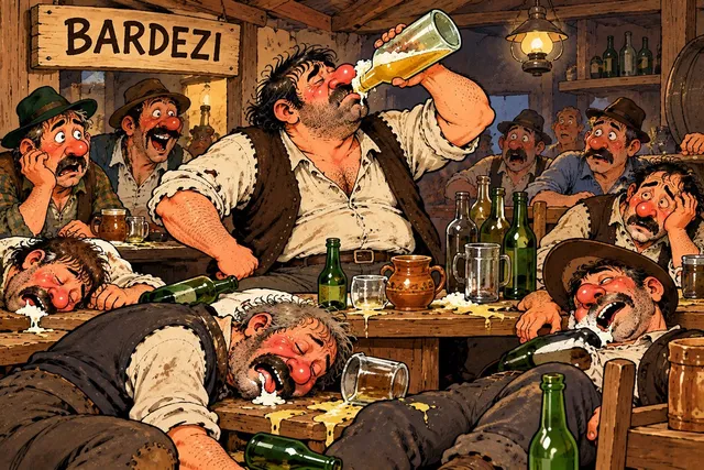 O ilustrație cu mai mulți bărbați care beau bere și stau la o masă de lemn într-un decor rustic.
