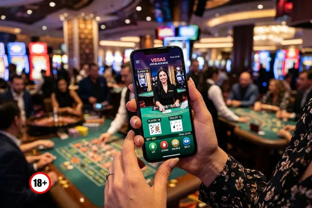 O persoană ține un smartphone care afișează un joc de blackjack live, în timp ce în fundal se vede un casino cu mese de joc.