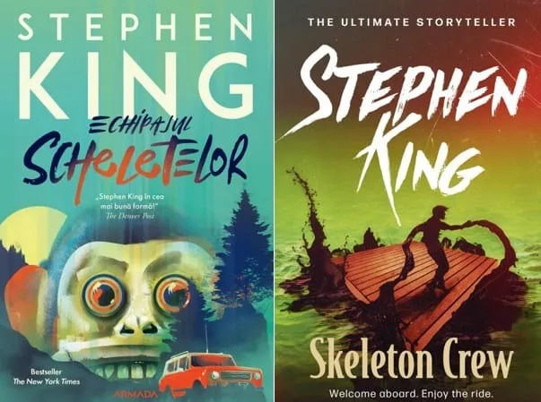 Două coperți de cărți cu numele Stephen King sunt așezate unul lângă altul, prezentând ilustrații diferite și titluri în limbi diferite.