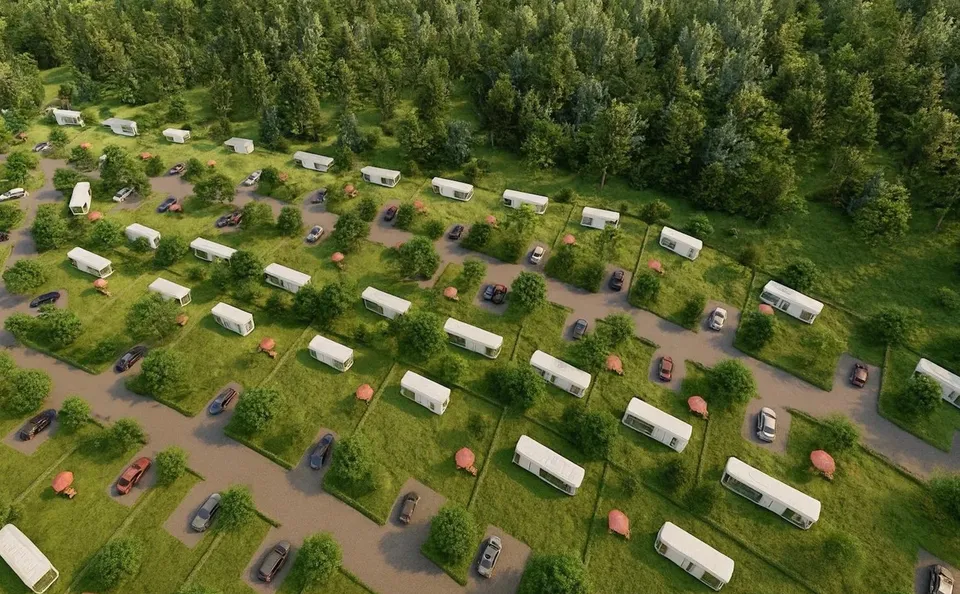 O vedere aeriană prezintă numeroase vehicule albe de tip rulotă parcate pe loturi de teren verde despărțite prin alei și vegetație.