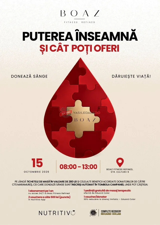 Un poster cu un picior de sânge roșu compus din piese de puzzle pe un fundal deschis, conținând text și pictograme.