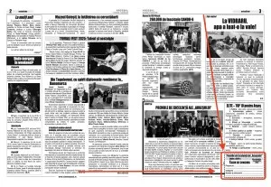 Pagini de ziar cu diverse articole text și fotografii în alb-negru, printre care un grup de oameni și un bărbat care cântă la chitară.
