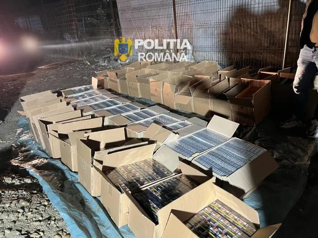 Multe cutii de carton deschise conțin pachete de țigări așezate pe o prelată albastră într-un spațiu exterior noaptea.