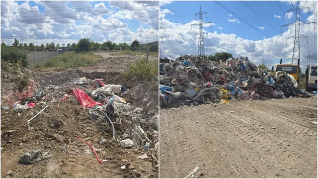 Două imagini prezintă un teren cu groapă, resturi de materiale și un morman mare de deșeuri sub un cer cu nori.