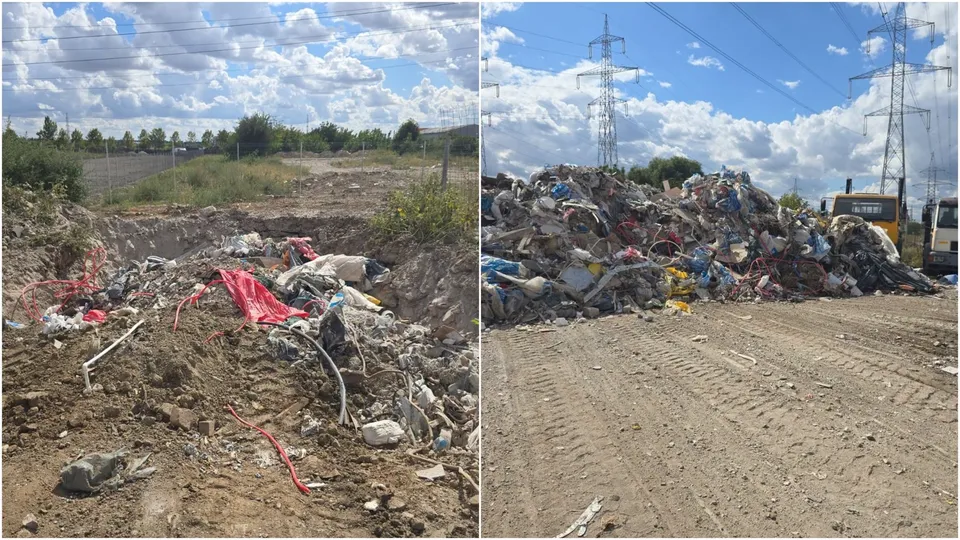 Două imagini prezintă un teren cu groapă, resturi de materiale și un morman mare de deșeuri sub un cer cu nori.