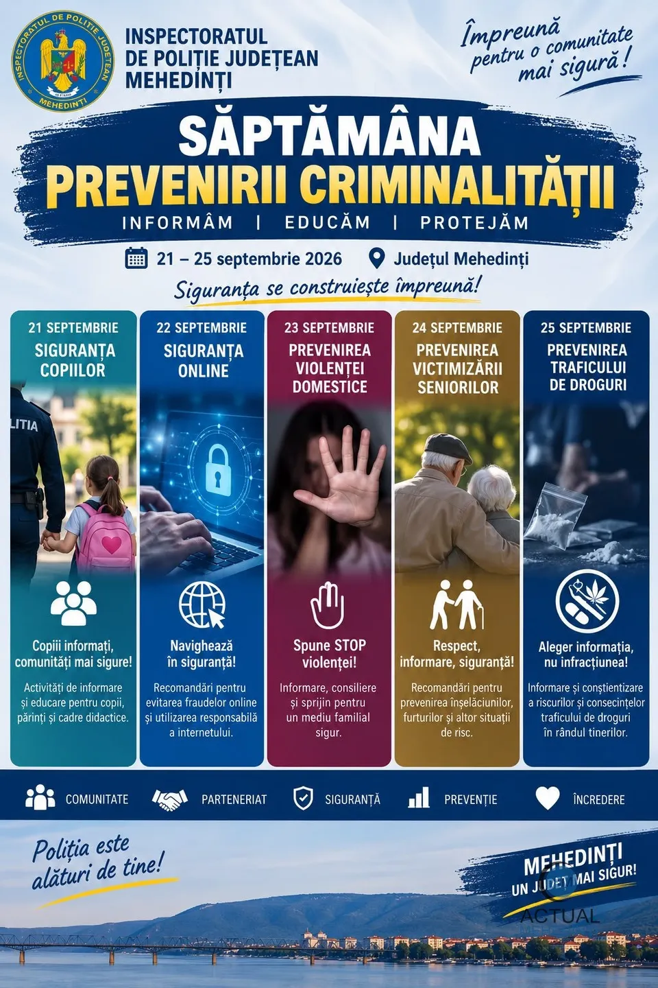 Un afiș informativ prezintă diverse secțiuni colorate cu text și imagini ilustrative despre siguranța copiilor, siguranța online, violența domestică, seniori și traficul de droguri.