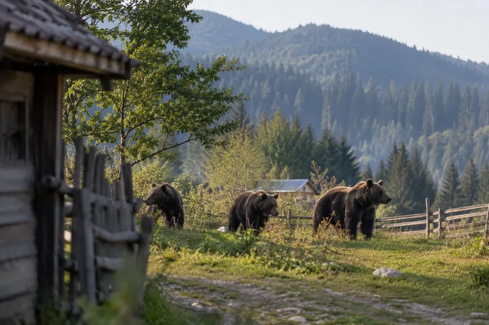 Trei urși stau pe o câmpie verde lângă o clôtură de lemn, având munți copci cu păduri în fundal.