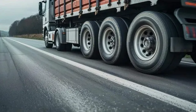 Un camion mare cu remorcă este parcat pe marginea unei drumuri asfaltate cu linii albe marcate.