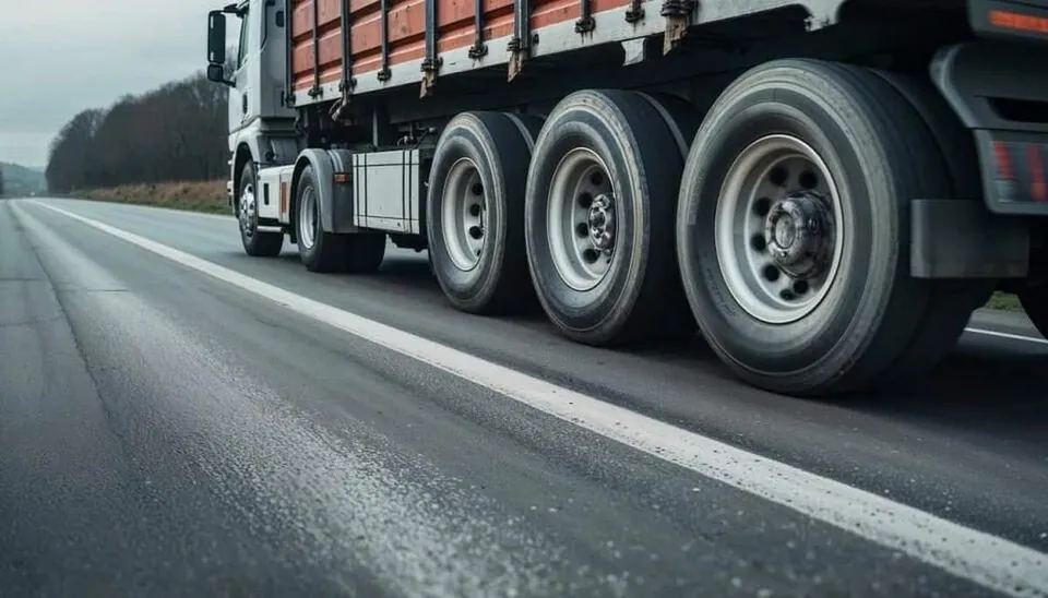 Un camion mare cu remorcă este parcat pe marginea unei drumuri asfaltate cu linii albe marcate.