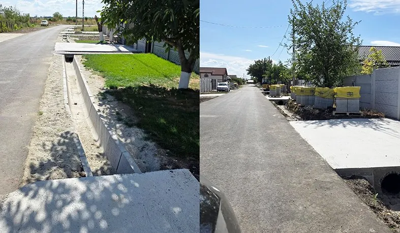 Două fotografii prezintă o stradă asfaltată cu un șanț de scurgere din beton și materiale de construcție depozitate pe marginea drumului.