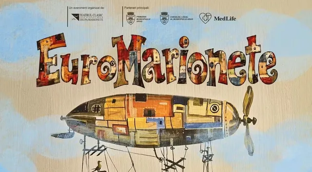 Un desen colorat prezintă textul „Euromarionete” deasupra unui zeppelin stilizat, compus din diverse forme geometrice și culori pe un fundal cu nori.