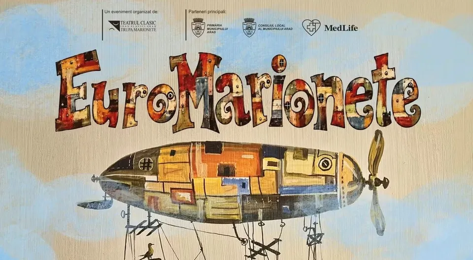Un desen colorat prezintă textul „Euromarionete” deasupra unui zeppelin stilizat, compus din diverse forme geometrice și culori pe un fundal cu nori.