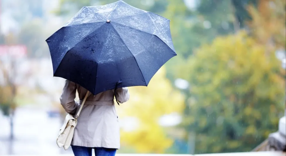 O persoană văzută din spate ține o umbrelă neagră, purtând palton deschis, pantaloni albaștri și poșetă deschisă.