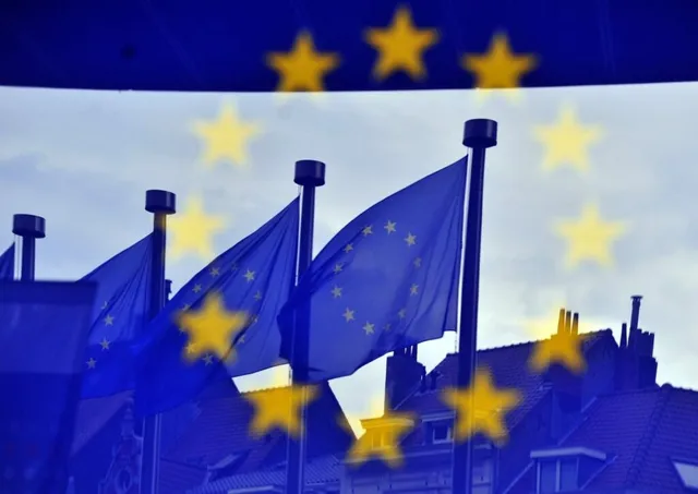 Imaginea prezintă mai multe steaguri ale Uniunii Europene fluturând, cu o suprapunere a stelelor UE, pe un fundal de cer și clădiri.