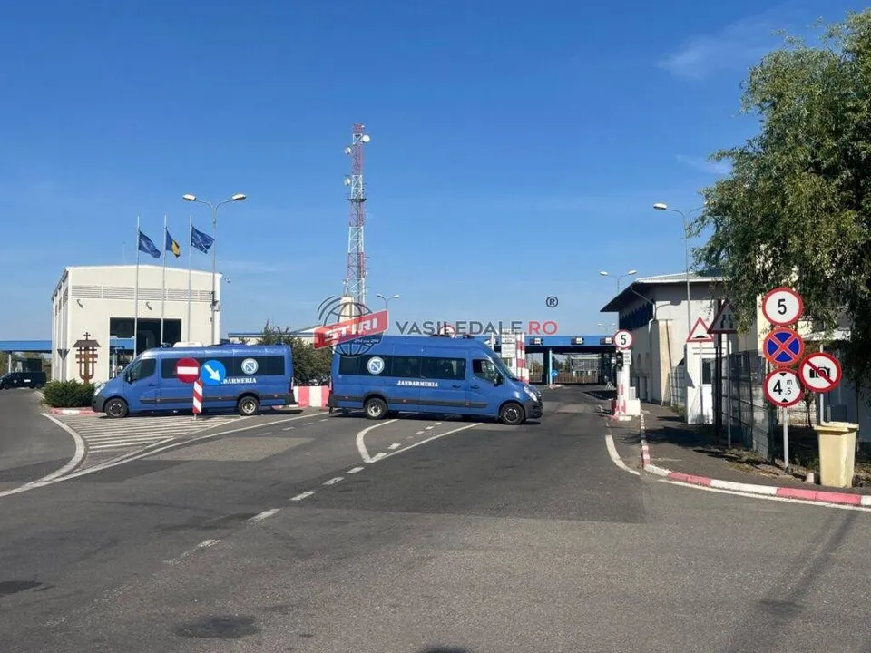 Două autoutobuzuri albastre sunt parcate pe un drum asfaltat lângă clădiri de serviciu sub un cer senin.