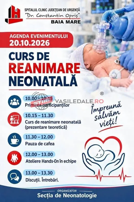 Un afiș alb cu text colorat și o imagine a unui nou-născut aflat sub asistență medicală cu mănuși albastre.