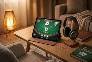 Un tabletă cu un joc de blackjack afișat pe ecran stă pe o masă de lemn lângă căști și cărți.
