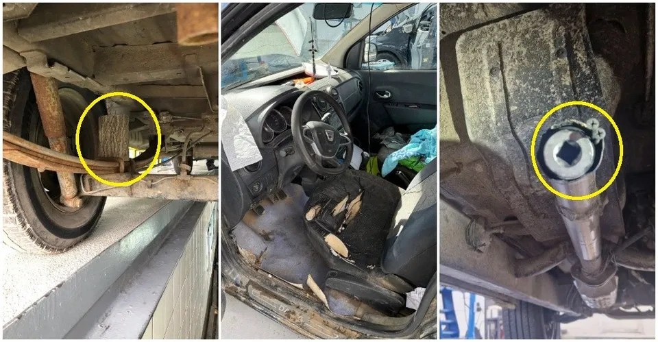 Trei imagini arată partea inferioară a unui vehicul, interiorul unei mașini cu scaune deteriorate și o componentă metalică circulară fixată cu o sârmă.