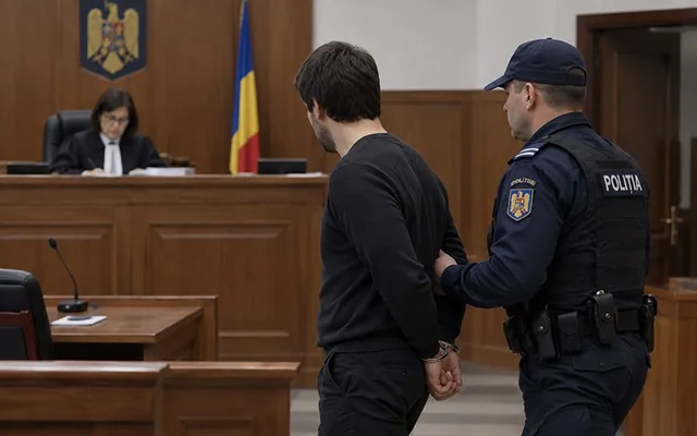 Un bărbat cu mâinile în spate este condus de un polițist într-o sală de judecată cu un judecător și un steag în fundal.