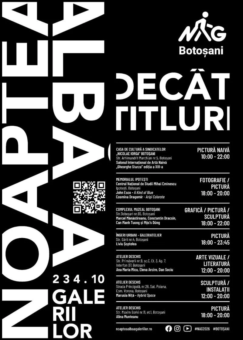 Un afiș negru cu text alb care prezintă detalii despre un eveniment artistic, inclusiv nume, locații și intervale orare.