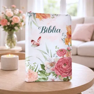 O carte cu textul Biblia și decorațiuni florale colorate este așezată pe o masă de lemn lângă o lumânare aprinsă și un buchet de flori.