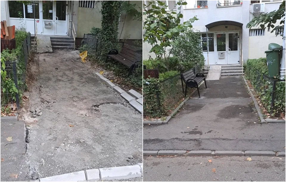 Două fotografii prezintă un trotuar de asfalt cu suprafețe neregulate și un trotuar asfaltat curat aflat în fața unei intrări de bloc.