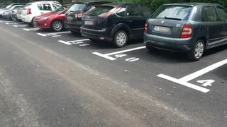 Mai multe mașini sunt parate în locuri de parcare marcate cu linii albe pe un asfalt gri.