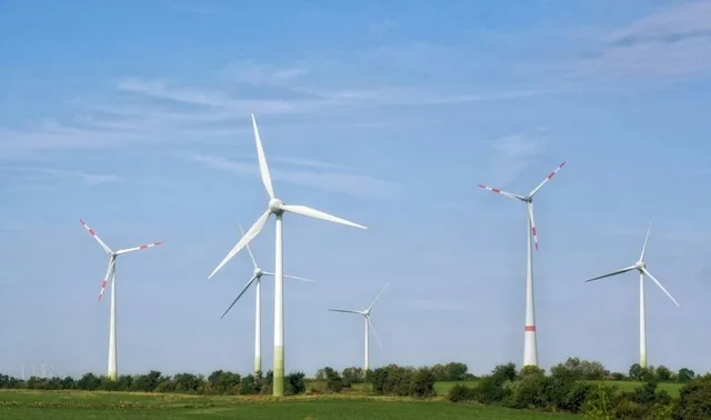 Mai multe turbine eoliene albe sunt amplasate pe un câmp verde sub un cer albastru cu nori subțiri.