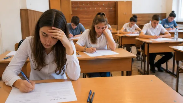 Mai mulți elevi stau la bănci în interiorul unei săli de clasă, scriind pe foi de hârtie cu pixuri.