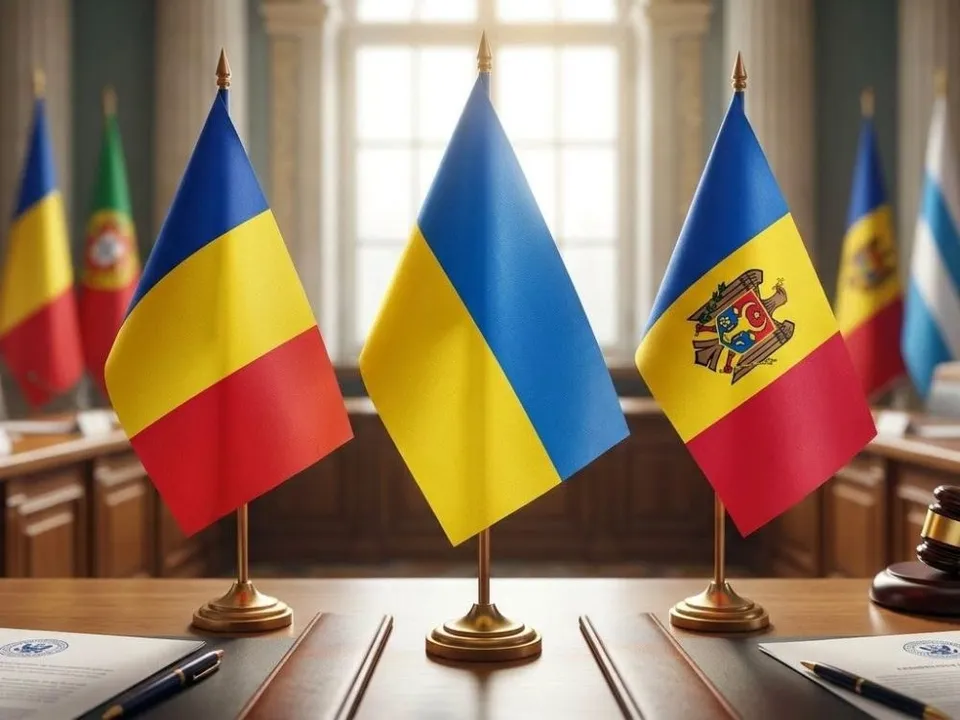Trei steaguri mici de birou cu culori albastru, galben și roșu sunt așezate pe o masă de lemn în fața unei ferestre luminoase.