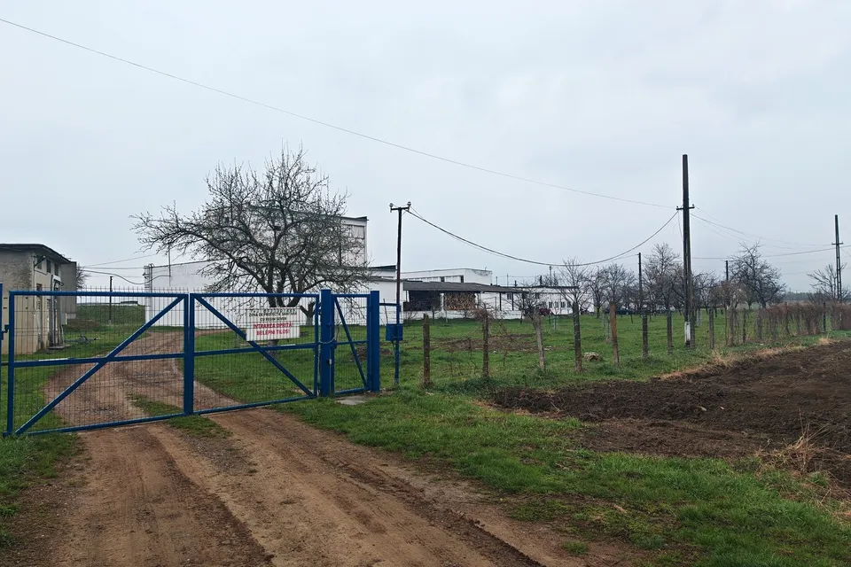 Un gard albastru de metal închide un drum de pământ lângă un câmp verde și câteva clădiri albe sub un cer înnorat.