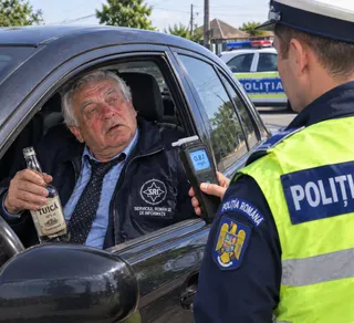 Un bărbat stă în interiorul unei mașini negre ținând o sticlă de sticlă, în timp ce un polițist îi prezintă un aparat de măsurare digital.