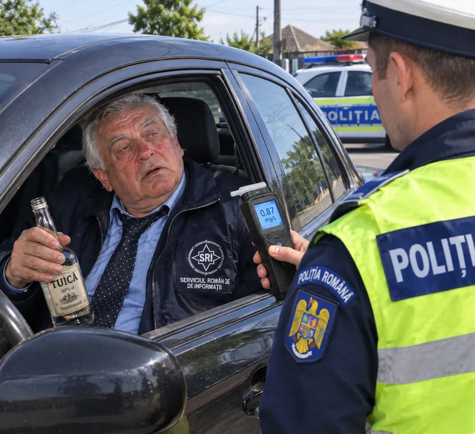 Un bărbat stă în interiorul unei mașini negre ținând o sticlă de sticlă, în timp ce un polițist îi prezintă un aparat de măsurare digital.