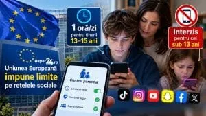 Un băiat și o fată folosesc telefoane mobile, fiind însoțiți de o femeie, lângă un steag european și diverse pictograme digitale pe un fundal albastru.