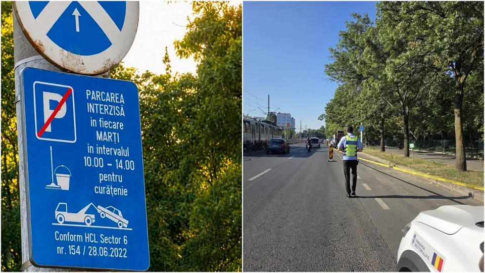 Un semn albastru cu informații despre parcare este montat pe un stâlp, iar în partea dreaptă se vede o stradă cu un om în vestă reflectorizantă.