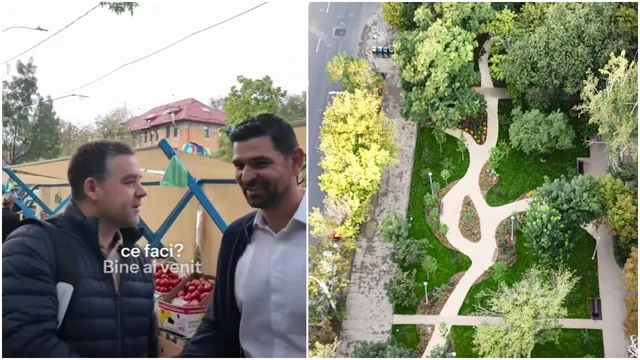 Două bărbați stau în fața unei structuri galbene, în timp ce o imagine separată prezintă un parc cu alei sinuoase și vegetație abundentă.
