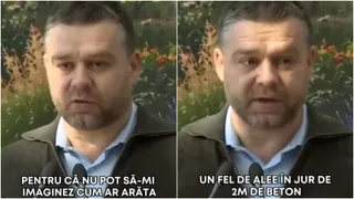 Un bărbat cu păr scurt și cămașă albastră sub un sacou închis la culoare vorbește în fața unui fundal cu plante verzi și flori colorate.