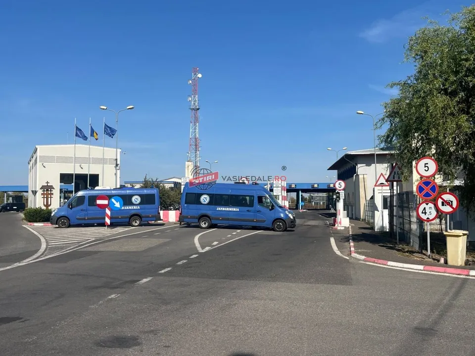 Două autoutobuzuri albastre sunt parcate pe un drum asfaltat lângă clădiri și semne de circulație sub un cer senin.