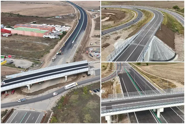 Vedere aeriană a unei porțiuni de drum asfaltat cu linii albe, trecând peste o altă arteră rutieră prin intermediul unui pod.